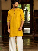 SOFT LINEN FESTIVE SPECIAL LUXURY KURTA + DESIGNER COTTON KASAVU DHOTI COMBO – Yellow