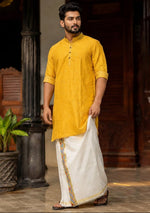 SOFT LINEN FESTIVE SPECIAL LUXURY KURTA + DESIGNER COTTON KASAVU DHOTI COMBO – Yellow