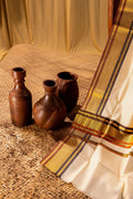 SMALL ARANI CHECKS COTTON KASAVU SAREE WITH TWO COLOR KARA - MAROON AND DARK BROWN