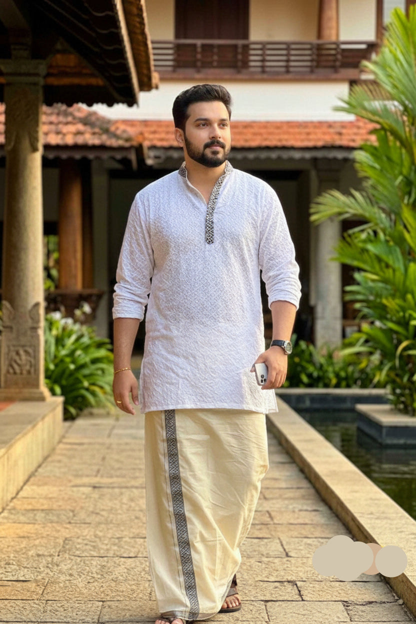 White Premium Embroidered Long Kurta + Golden Kasavu Double Cotton Dhoti