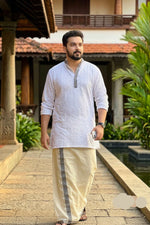 White Premium Embroidered Long Kurta + Golden Kasavu Double Cotton Dhoti
