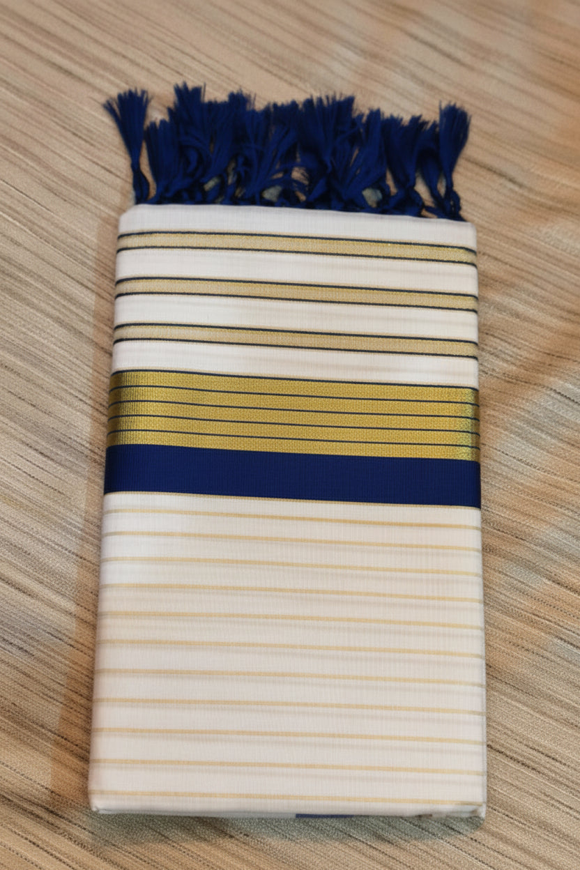 COTTON STRIPED KERALA SAREE WITH TASSELS SINGLE COLOR KARA - NAVY BLUE AND GOLD