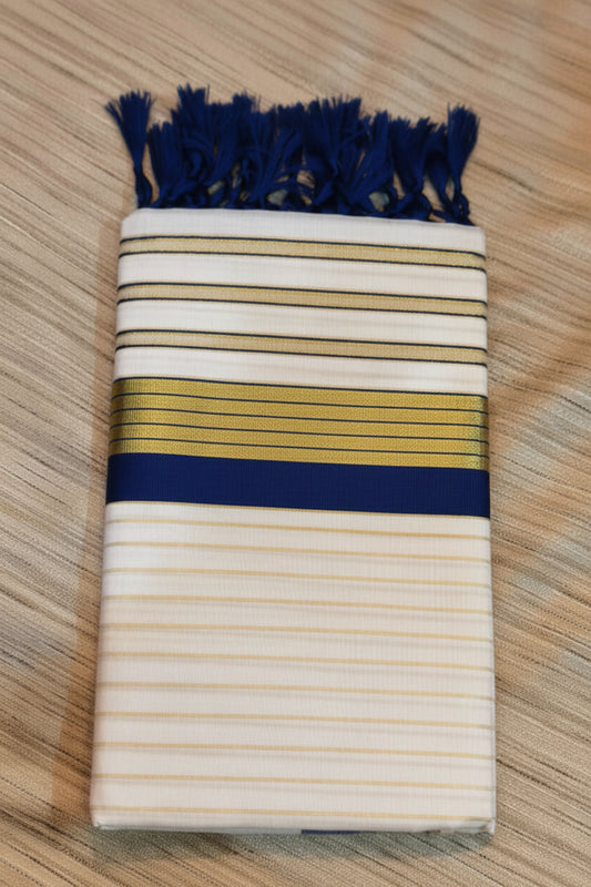 COTTON STRIPED KERALA SAREE WITH TASSELS SINGLE COLOR KARA - NAVY BLUE AND GOLD