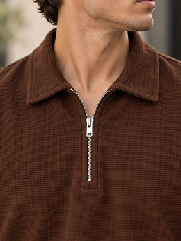 Textured Quarter-Zip Polo T-Shirt – Coffee