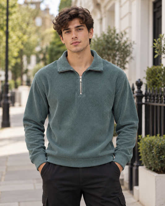 Corduroy Quarter-Zip Sweatshirt – Muted Teal