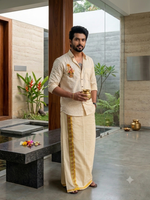 Off White Sree Krishna Beaded Patch premium Designer Shirt - Double kasavu Dhoti