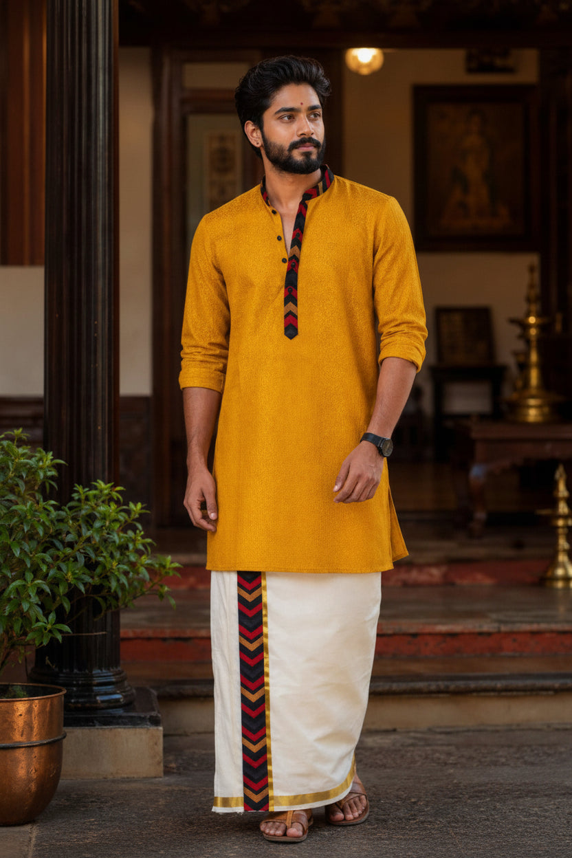 Yellow Premium Designer Kurta + Golden Kasavu Double Cotton Dhoti