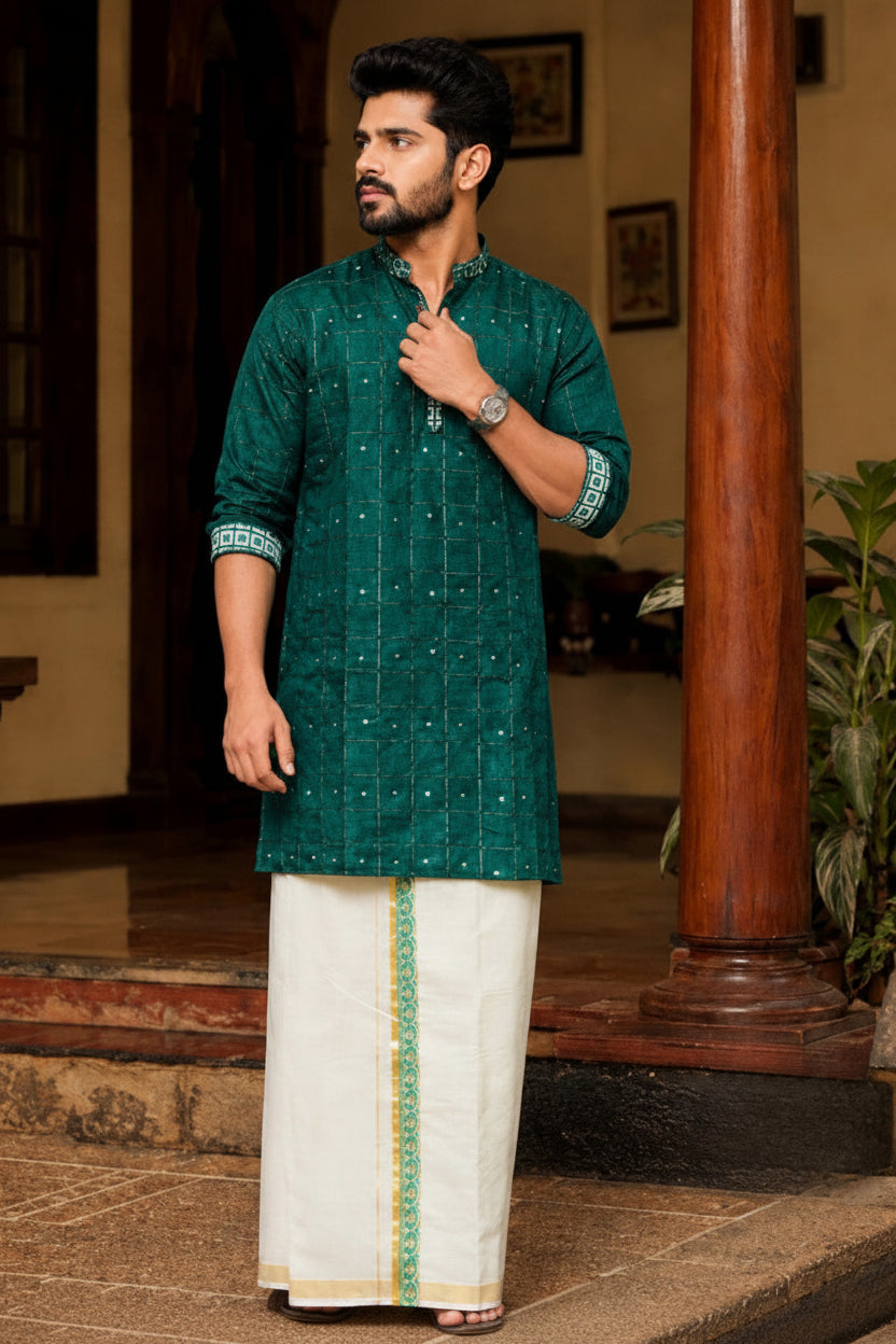 SOFT LINEN FESTIVE SPECIAL LUXURY KURTA + DESIGNER COTTON KASAVU DHOTI COMBO – Dark Green
