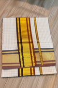 SMALL ARANI CHECKS COTTON KASAVU SAREE WITH TWO COLOR KARA - MAROON AND DARK BROWN