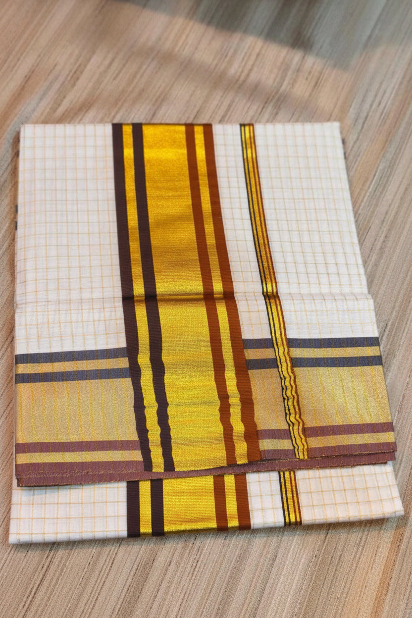 SMALL ARANI CHECKS COTTON KASAVU SAREE WITH TWO COLOR KARA - MAROON AND DARK BROWN