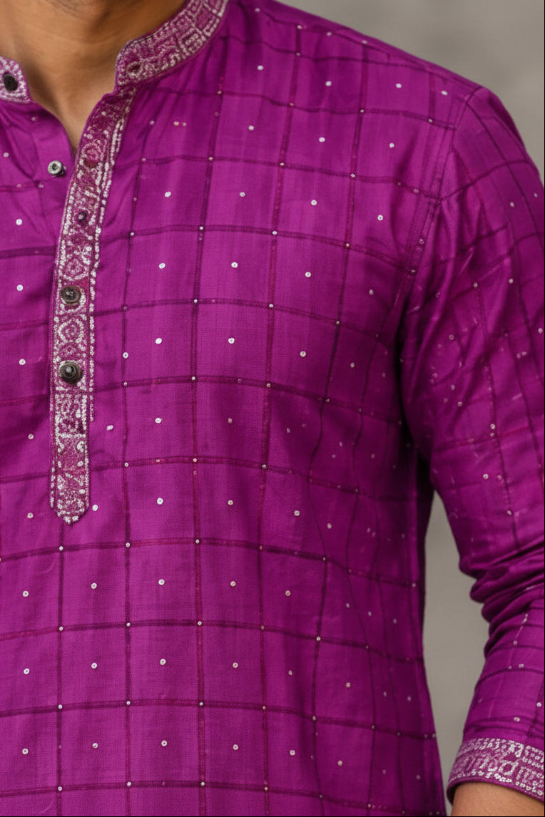 SOFT LINEN FESTIVE SPECIAL LUXURY KURTA + DESIGNER COTTON KASAVU DHOTI COMBO – Purple