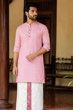 SOFT LINEN FESTIVE SPECIAL LUXURY KURTA + DESIGNER COTTON KASAVU DHOTI COMBO - LIGHT PINK