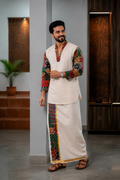 WHITE PREMIUM DESIGNER KURTA + GOLDEN KASAVU DOUBLE COTTON DHOTI COMBO