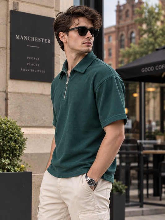 Textured Quarter-Zip Polo T-Shirt – Bottle Green