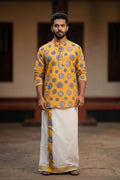 WHITE PREMIUM DESIGNER KURTA + GOLDEN KASAVU DOUBLE COTTON DHOTI COMBO