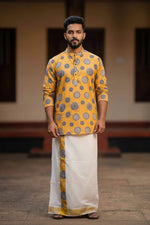 Yellow Premium Designer Short Kurta + Golden Kasavu Double Dhoti Combo