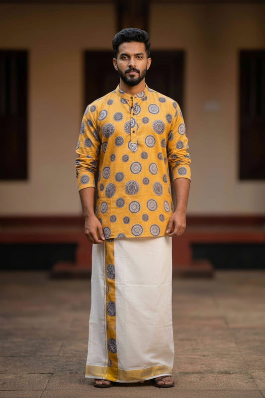 Yellow Premium Designer Short Kurta + Golden Kasavu Double Dhoti Combo