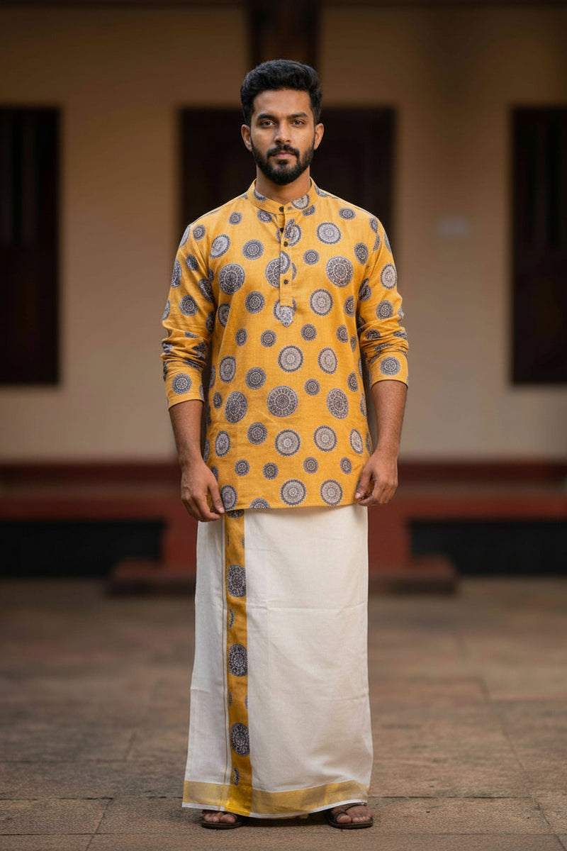 Yellow Premium Designer Short Kurta + Golden Kasavu Double Dhoti Combo