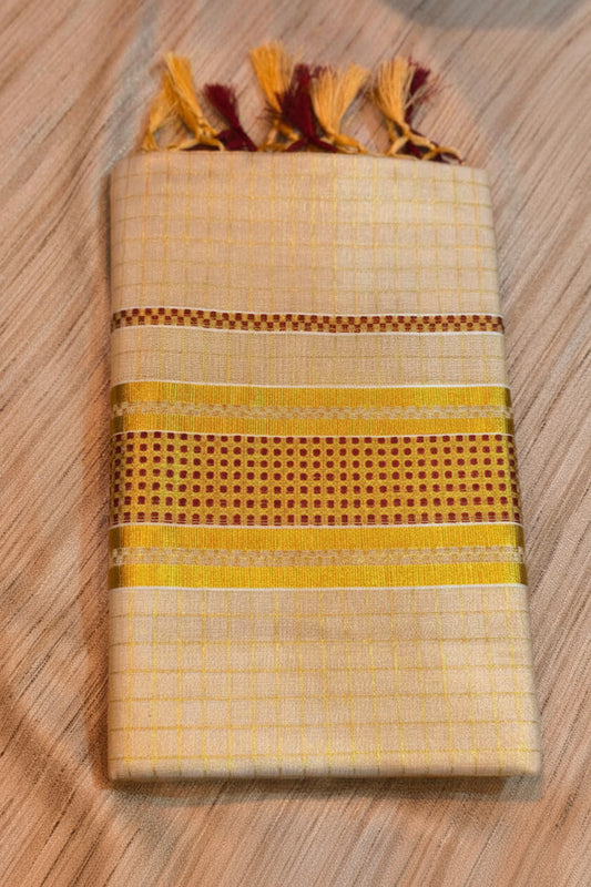 SMALL CHECKED TISSUE KASAVU SAREE - GOLD AND MAROON