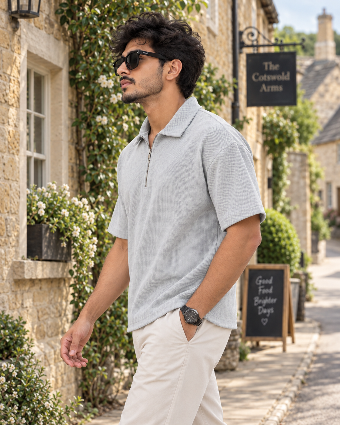 Textured Quarter-Zip Polo T-Shirt – Light Grey