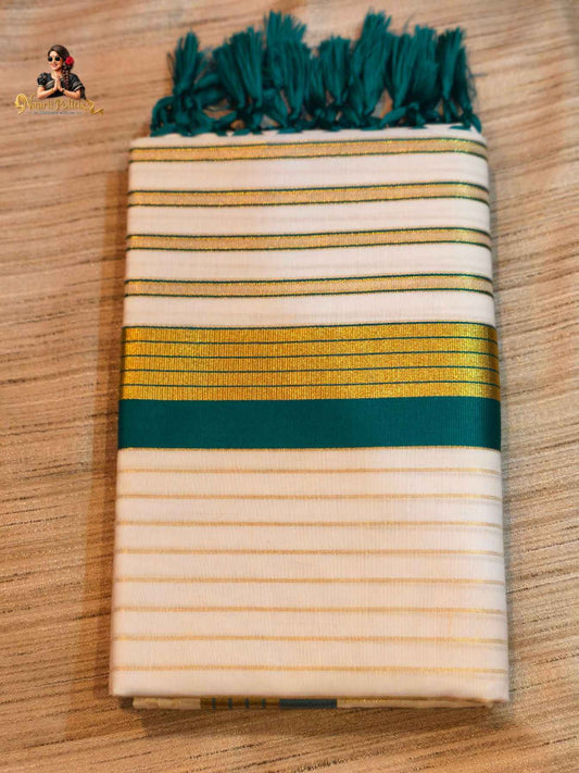 COTTON STRIPED KERALA SAREE WITH TASSELS SINGLE COLOR KARA - GREEN AND GOLD