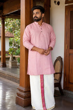 SOFT LINEN FESTIVE SPECIAL LUXURY KURTA + DESIGNER COTTON KASAVU DHOTI COMBO - LIGHT PINK