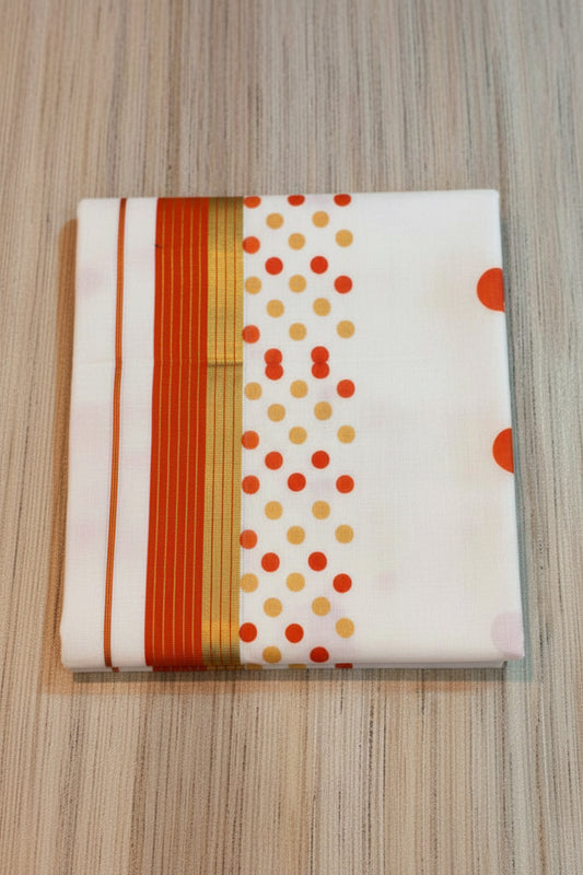 HAND BLOCK POLKA COTTON KASAVU SAREE - ORANGE AND GOLD