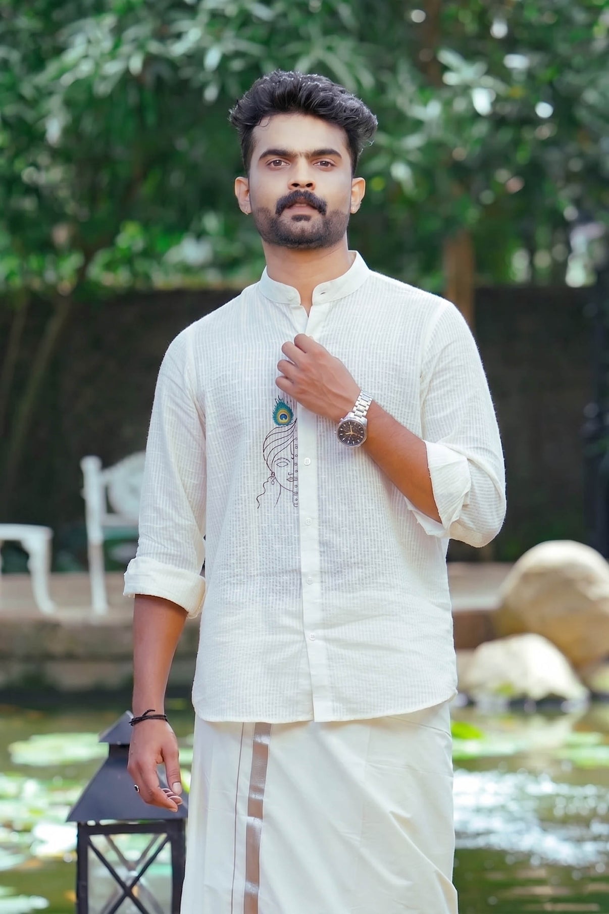 Off White Full sleeve Shirt with Krishna Hand Paint
