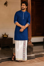 SOFT LINEN FESTIVE SPECIAL LUXURY KURTA + DESIGNER COTTON KASAVU DHOTI COMBO – Dark blue