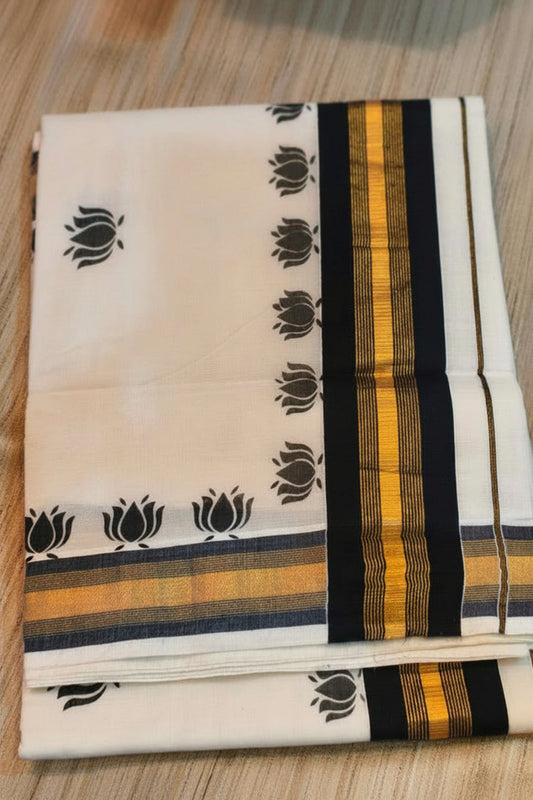 HAND BLOCKED THAMARA COTTON KASAVU SAREE SINGLE COLOR - BLACK
