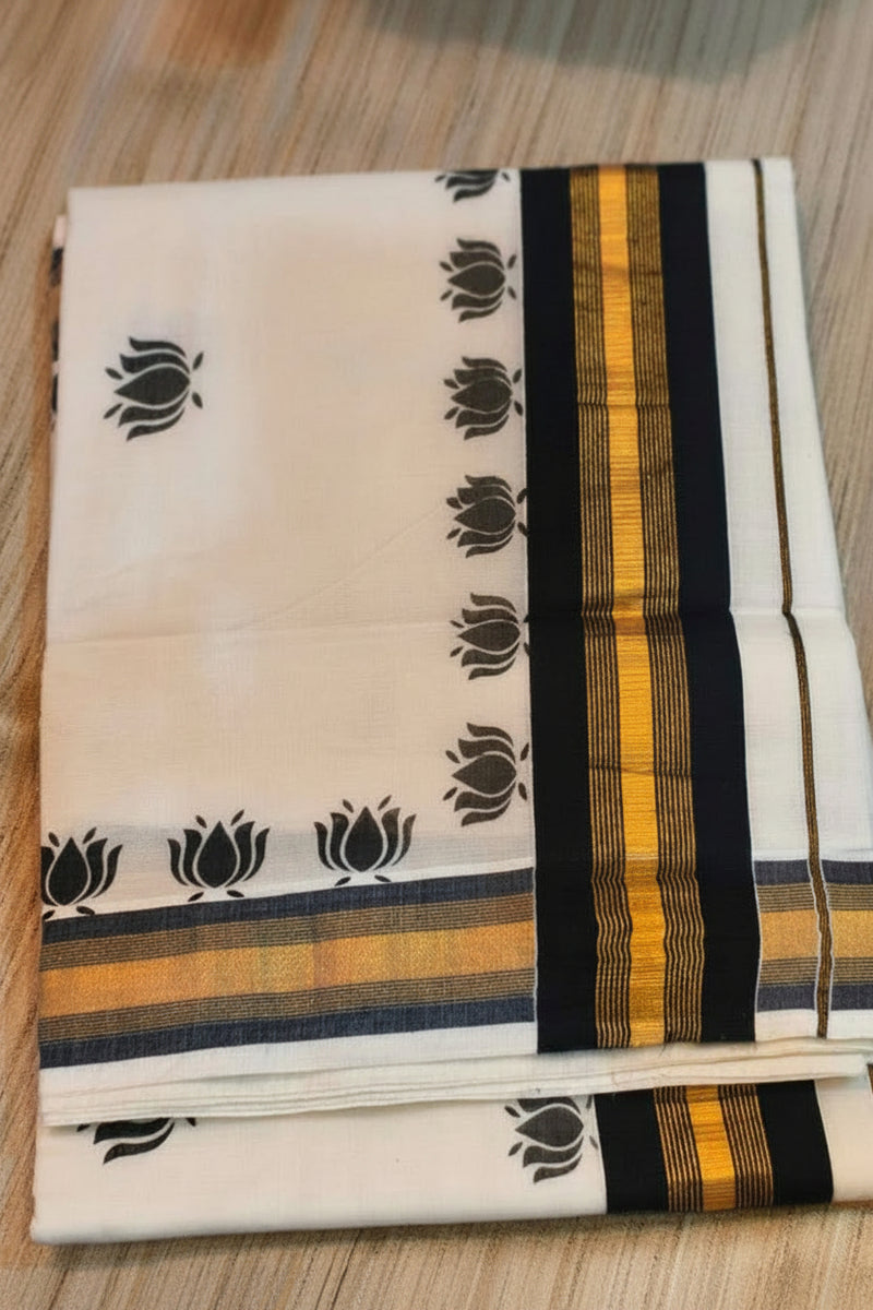 HAND BLOCKED THAMARA COTTON KASAVU SAREE SINGLE COLOR - BLACK