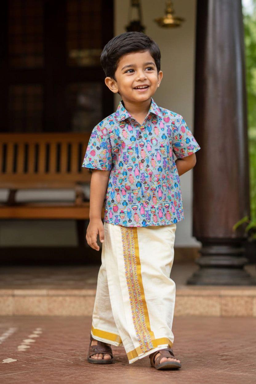 Premium Linen Cotton Shirt Digital printed + Dhoti Combo For Kids RWL003