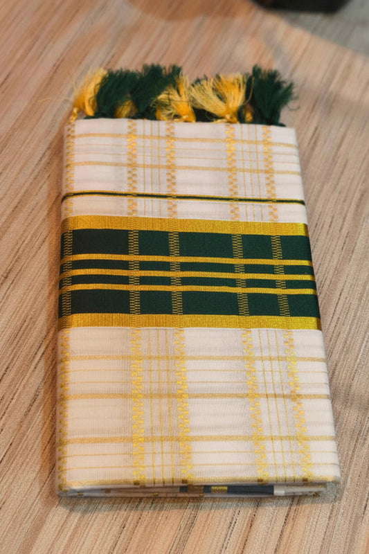 CHECKED COTTON KASAVU SAREE - GREEN AND GOLD