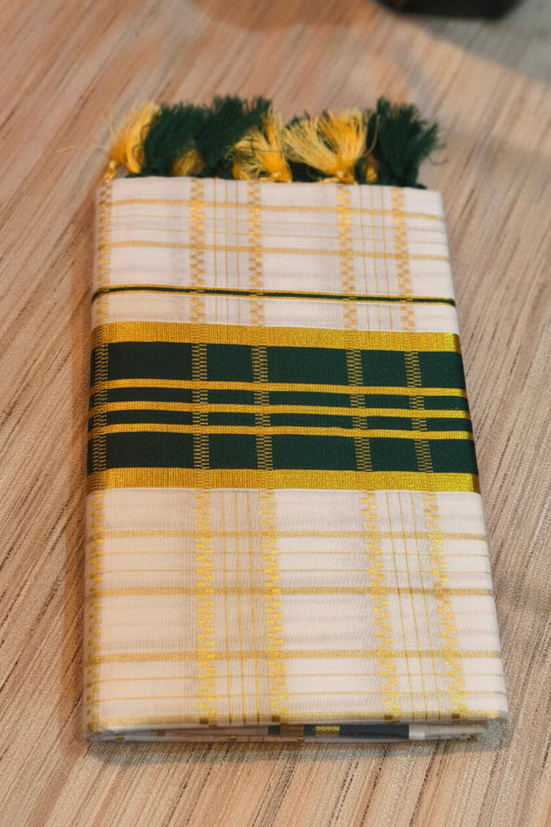 CHECKED COTTON KASAVU SAREE - GREEN AND GOLD