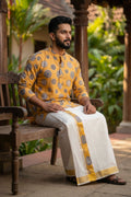 WHITE PREMIUM DESIGNER KURTA + GOLDEN KASAVU DOUBLE COTTON DHOTI COMBO