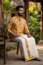 Yellow Premium Designer Short Kurta + Golden Kasavu Double Dhoti Combo