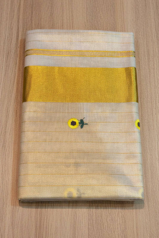 EMBROIDERED SMALL FLOWER WITH BODY STRIPES TISSUE SAREE STRIPED COTTON KERALA KASAVU SAREE