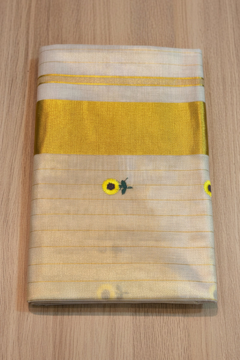EMBROIDERED SMALL FLOWER WITH BODY STRIPES TISSUE SAREE STRIPED COTTON KERALA KASAVU SAREE