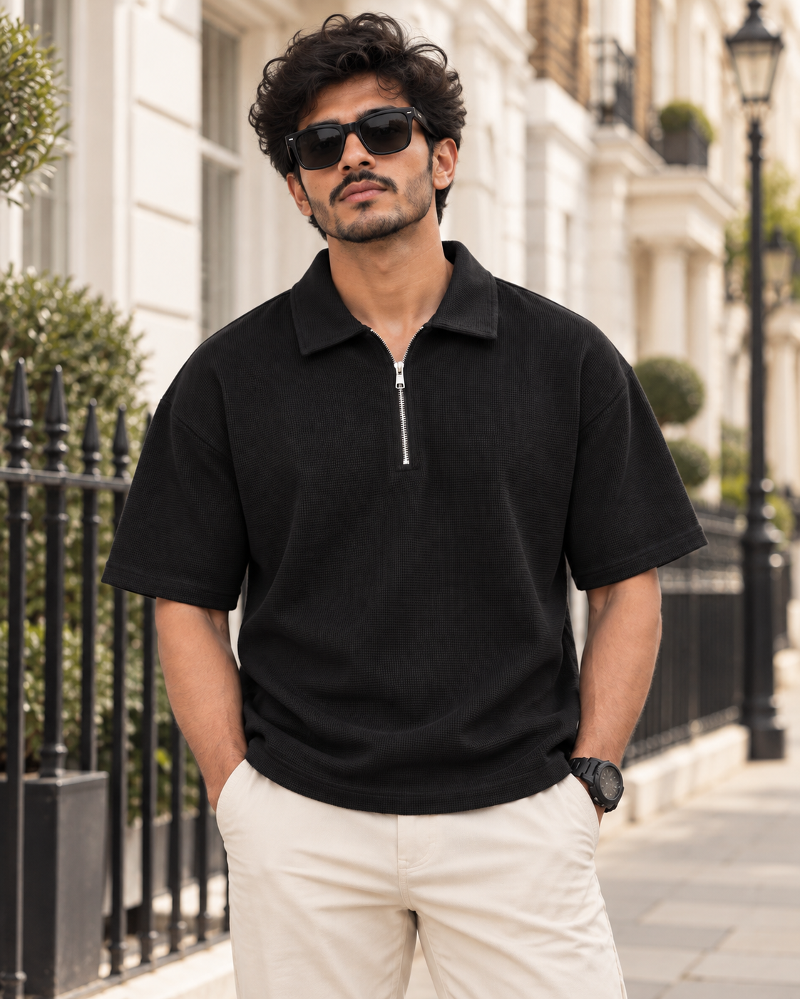 Textured Quarter-Zip Polo T-Shirt - Black