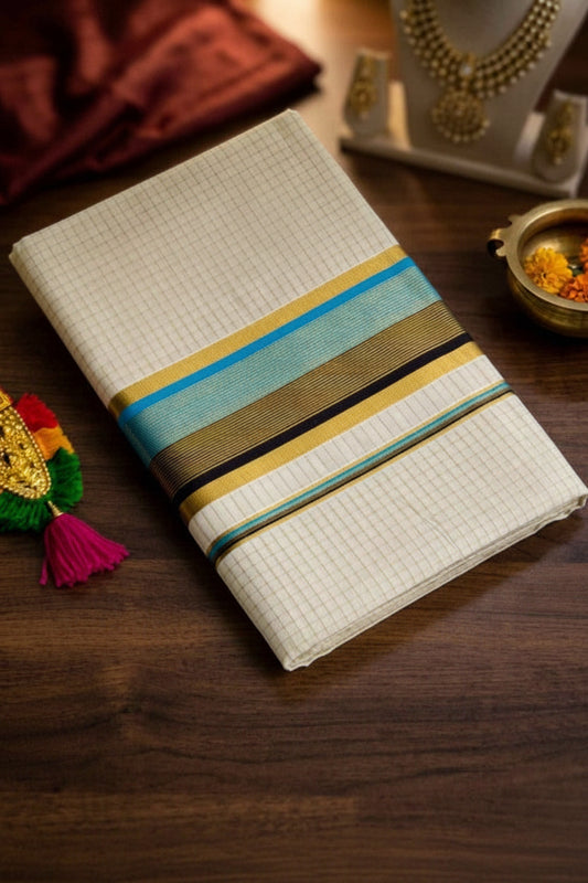 SMALL ARANI CHECKS COTTON KASAVU SAREE WITH TWO COLOR KARA - BLUE AND BLACK