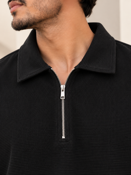 Textured Quarter-Zip Polo T-Shirt - Black