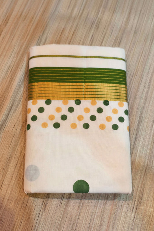 HAND BLOCK POLKA COTTON KASAVU SAREE - GREEN AND GOLD