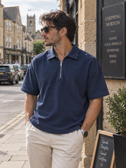 Textured Quarter-Zip Polo T-Shirt – Navy