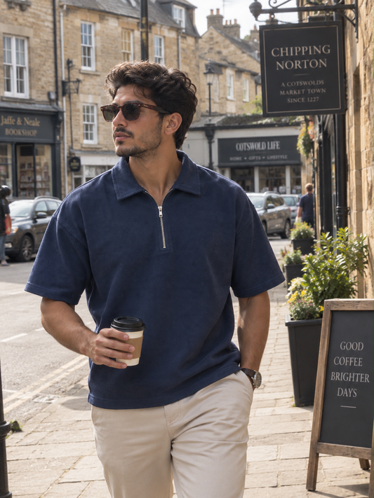 Textured Quarter-Zip Polo T-Shirt – Navy