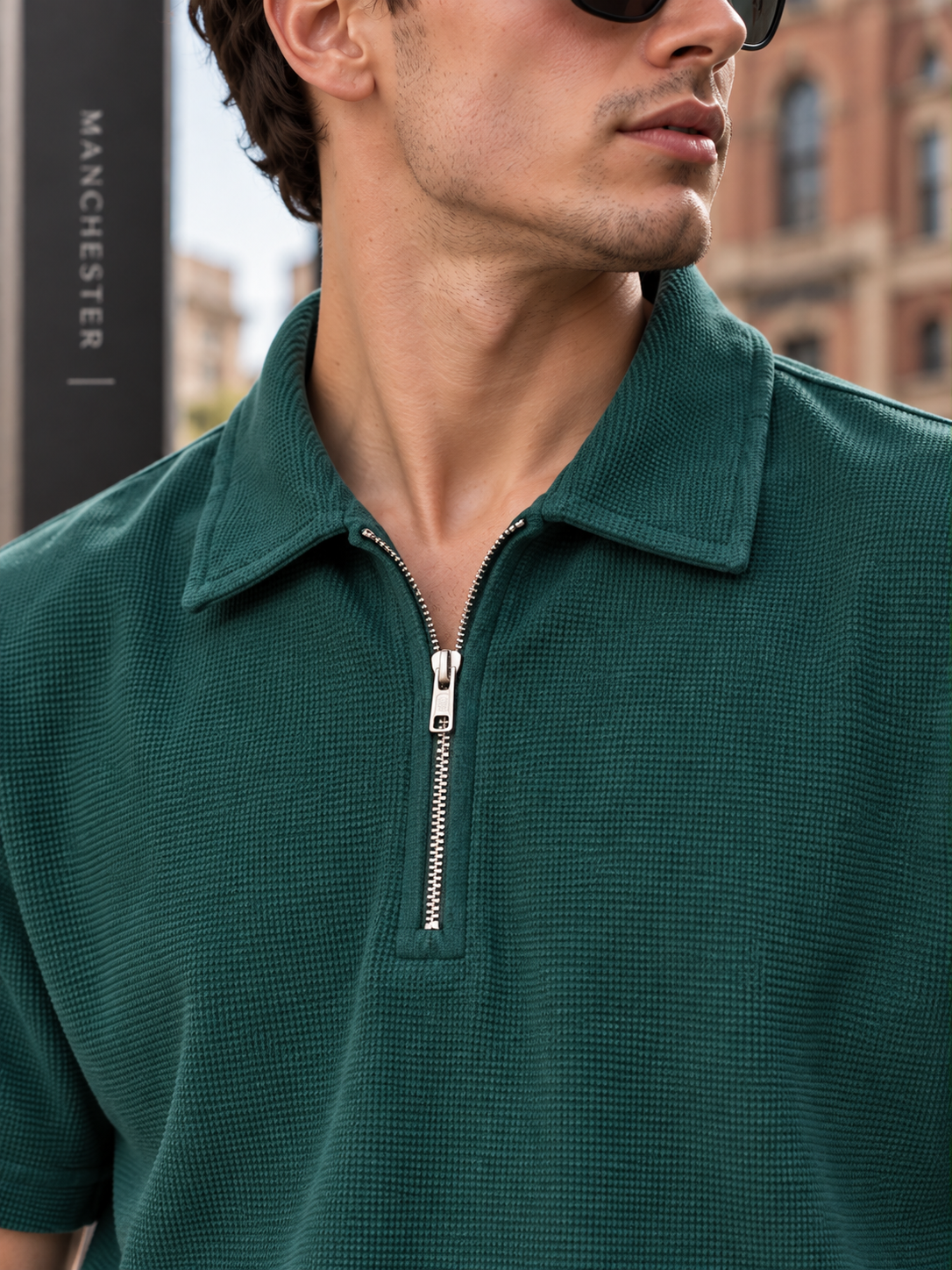 Textured Quarter-Zip Polo T-Shirt – Bottle Green