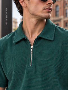 Textured Quarter-Zip Polo T-Shirt – Bottle Green