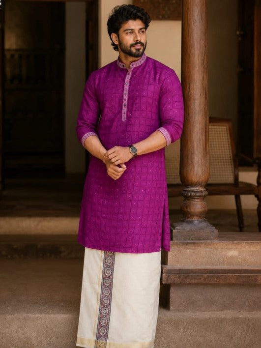 SOFT LINEN FESTIVE SPECIAL LUXURY KURTA + DESIGNER COTTON KASAVU DHOTI COMBO – Purple
