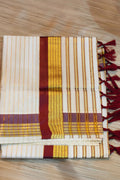 COTTON STRIPED KERALA SAREE WITH TASSELS SINGLE COLOR KARA - MAROON AND GOLD