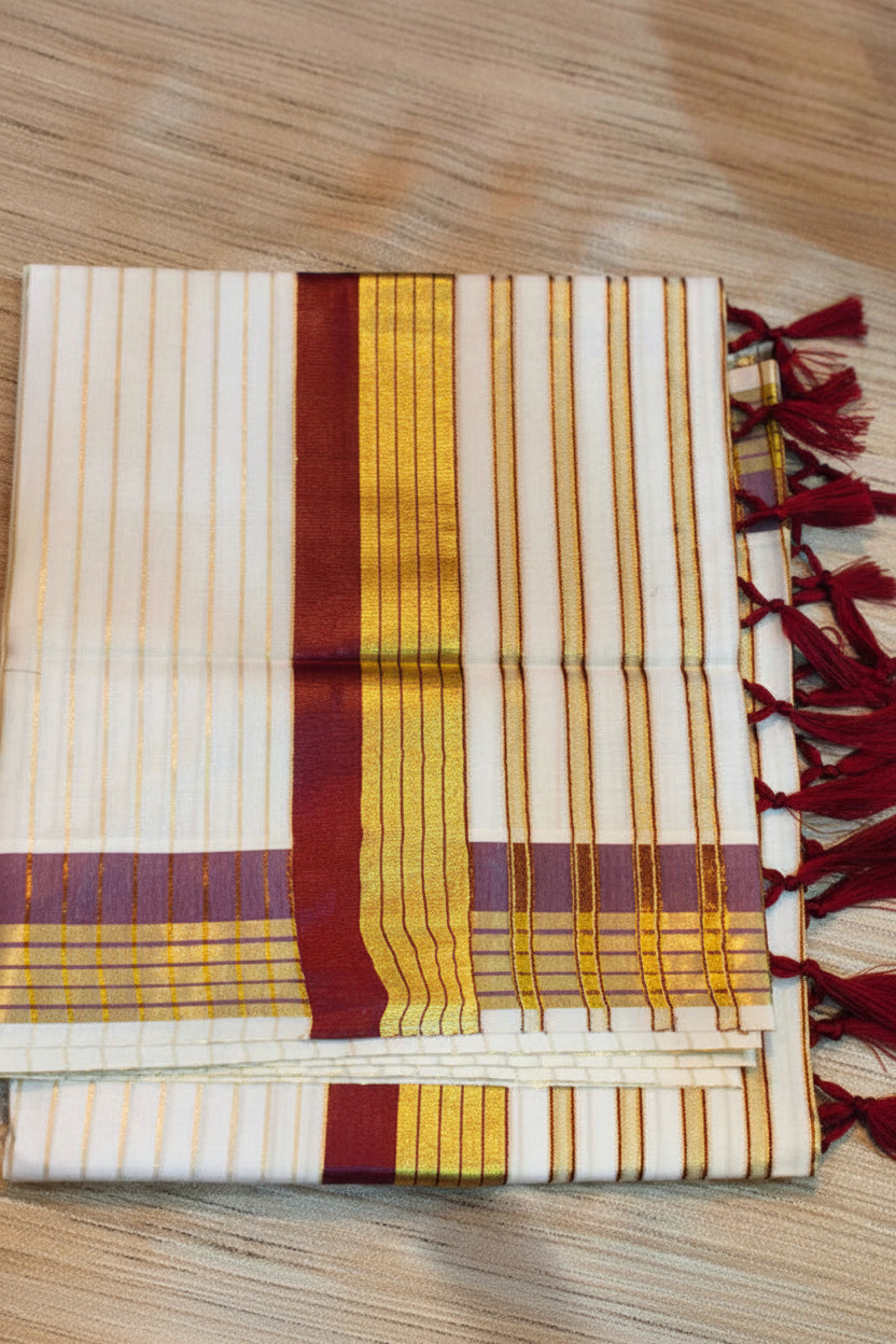 COTTON STRIPED KERALA SAREE WITH TASSELS SINGLE COLOR KARA - MAROON AND GOLD
