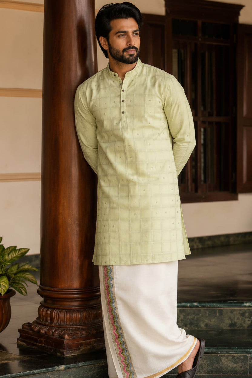 SOFT LINEN FESTIVE SPECIAL LUXURY KURTA + DESIGNER COTTON KASAVU DHOTI COMBO - PISTA GREEN